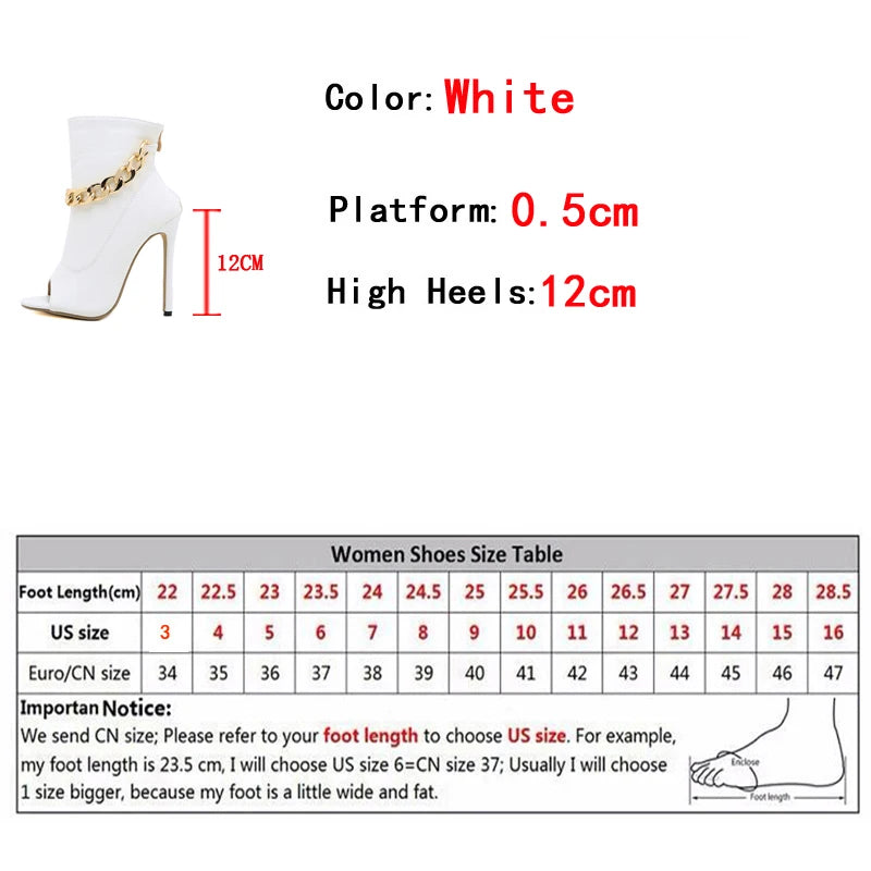 White Leather Ankle Sandals with Metal Chain Design and Thin Heels
Peep Toe Zip Boots for Women with High Quality Leather
Fashionable White Pumps with Metal Chain Detail and Thin Heels