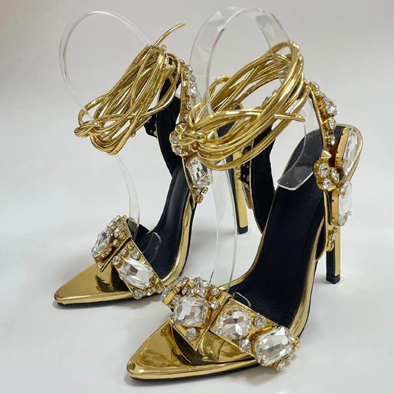 Sexy Ankle Strap Gold Sandals Women Party Nightclub Stripper Heels Crystal Diamond Pointed Toe Wedding Shoe