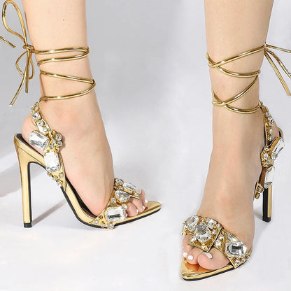 Sexy Ankle Strap Gold Sandals Women Party Nightclub Stripper Heels Crystal Diamond Pointed Toe Wedding Shoe