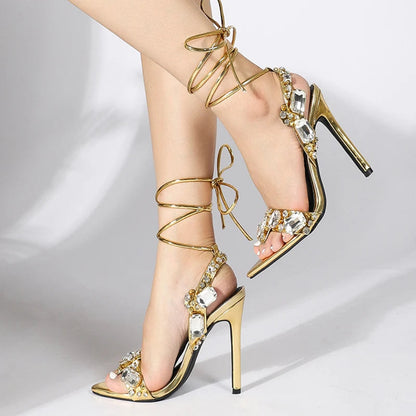 Sexy Ankle Strap Gold Sandals Women Party Nightclub Stripper Heels Crystal Diamond Pointed Toe Wedding Shoe