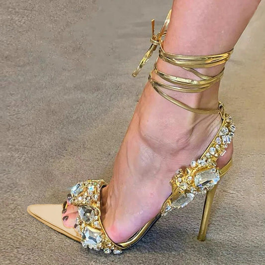 Sexy Ankle Strap Gold Sandals Women Party Nightclub Stripper Heels Crystal Diamond Pointed Toe Wedding Shoe