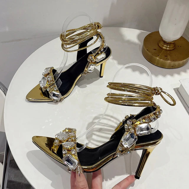 Sexy Ankle Strap Gold Sandals Women Party Nightclub Stripper Heels Crystal Diamond Pointed Toe Wedding Shoe