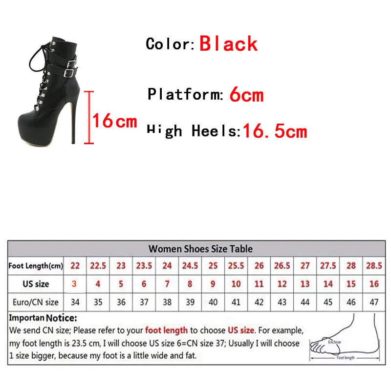 Sexy Buckle Strap 16.5 CM Extreme High Heels Platform Boots - Round Toe Cross Lace Up Party Club Stripper Shoes for Women