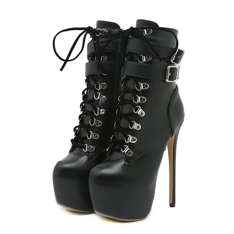 Sexy Buckle Strap 16.5 CM Extreme High Heels Platform Boots - Round Toe Cross Lace Up Party Club Stripper Shoes for Women