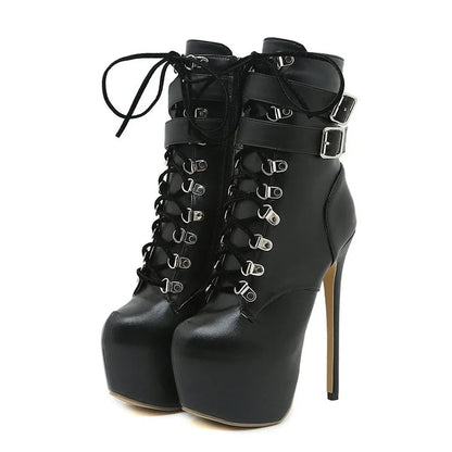 Sexy Buckle Strap 16.5 CM Extreme High Heels Platform Boots - Round Toe Cross Lace Up Party Club Stripper Shoes for Women