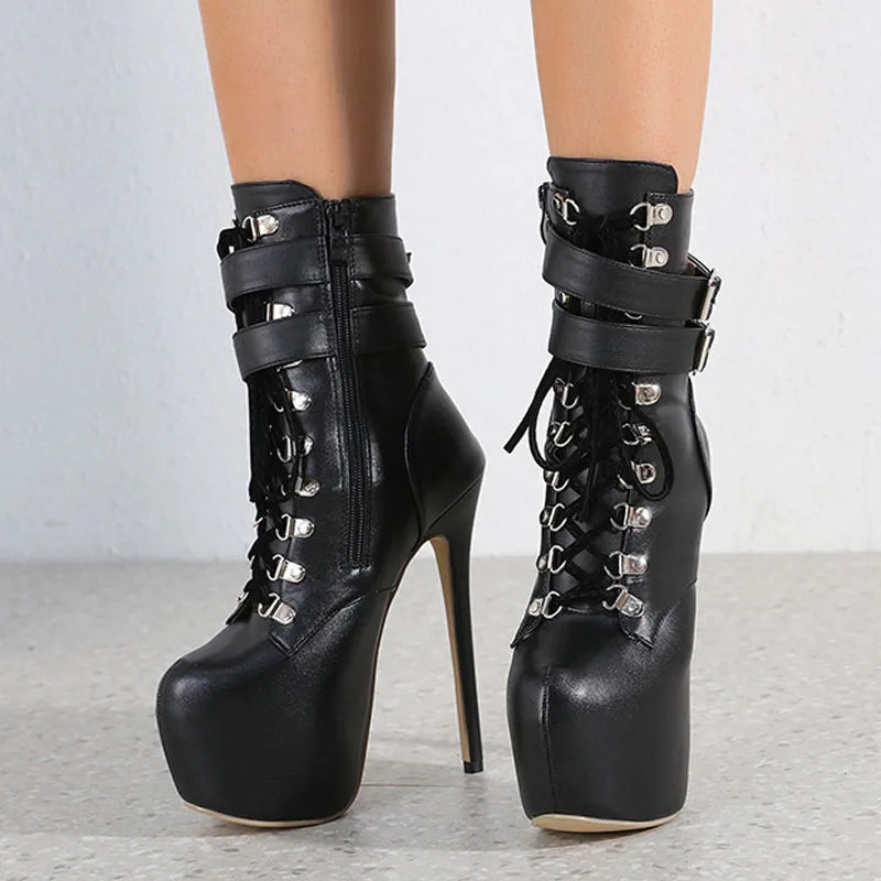 Sexy Buckle Strap 16.5 CM Extreme High Heels Platform Boots - Round Toe Cross Lace Up Party Club Stripper Shoes for Women