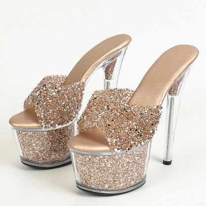 Sexy Peep Toe Party Club Strip Pole Dance Shoes Extreme High Heels 17CM Women Slipper Sequined Transparent Platform Sandal