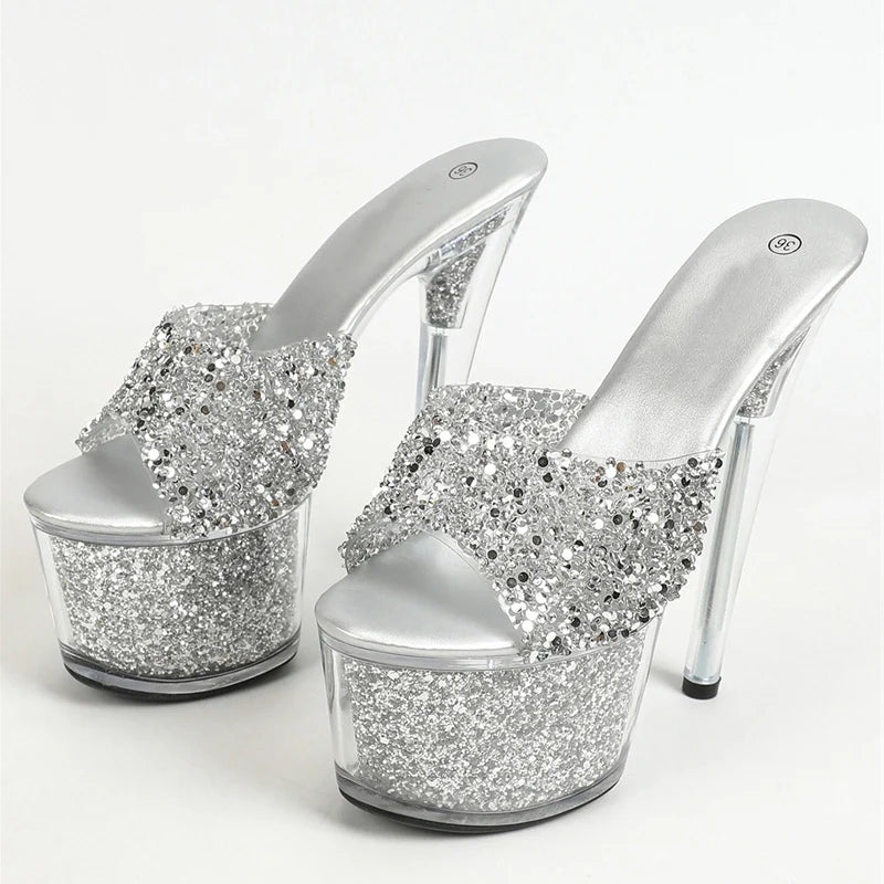 Sexy Peep Toe Party Club Strip Pole Dance Shoes Extreme High Heels 17CM Women Slipper Sequined Transparent Platform Sandal