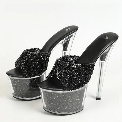 Sexy Peep Toe Party Club Strip Pole Dance Shoes Extreme High Heels 17CM Women Slipper Sequined Transparent Platform Sandal