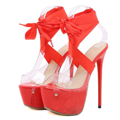 Red Thigh-High Lace-Up Platform Transparent Stiletto Peep-Toe Sexy Stripper High Heel