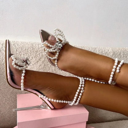 Sexy White String Bead Transparent High Heels Summer Fashion Butterfly-Knot Clear Sandals Pointed Toe Pumps