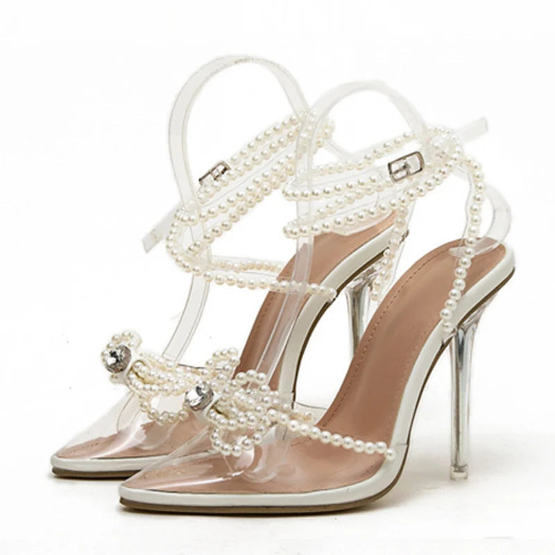 Sexy White String Bead Transparent High Heels Summer Fashion Butterfly-Knot Clear Sandals Pointed Toe Pumps