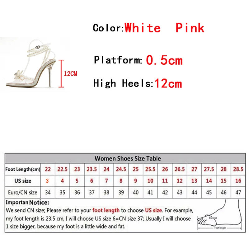 Sexy White String Bead Transparent High Heels Summer Fashion Butterfly-Knot Clear Sandals Pointed Toe Pumps