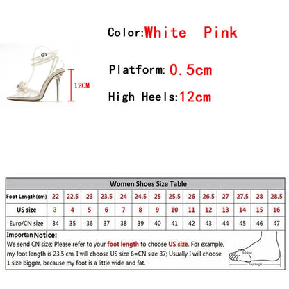 Sexy White String Bead Transparent High Heels Summer Fashion Butterfly-Knot Clear Sandals Pointed Toe Pumps