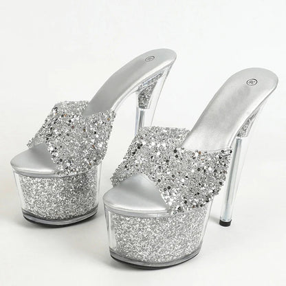 Sexy 20CM Platform Sequined Transparent Summer Open-Toe Slippers High Heel