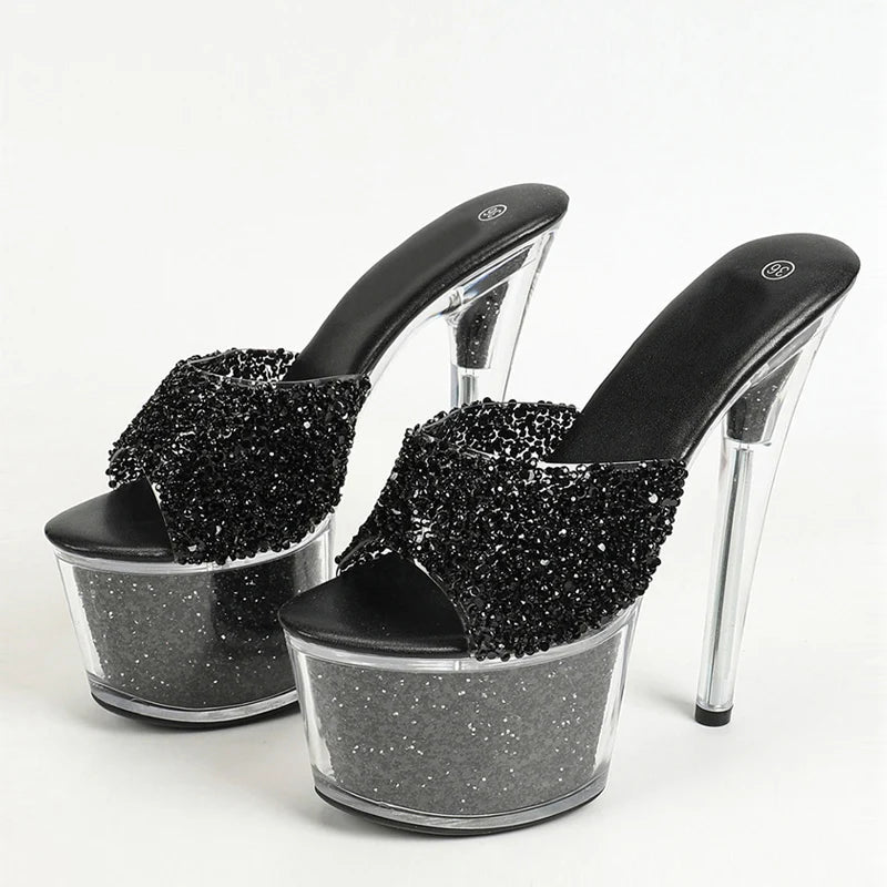 Sexy 20CM Platform Sequined Transparent Summer Open-Toe Slippers High Heel