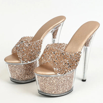 Sexy 20CM Platform Sequined Transparent Summer Open-Toe Slippers High Heel