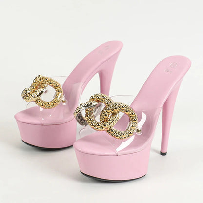 Sexy Pink High Platform Slippers Metal Chain Transparent Party Stripper Chic High Heel