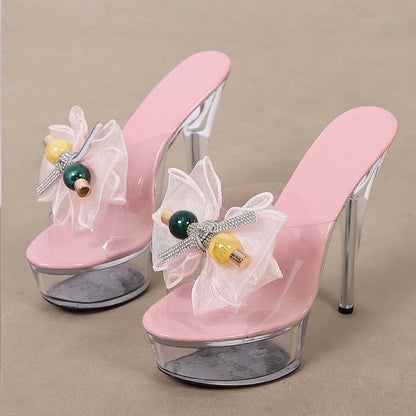 Transparent Platform Slipper For Women Mesh Bowknot Open Toe Super High Heels Party Stripper Shoes Clear Sandal - Size 35-43