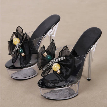 Transparent Mesh Bowknot Super-High Sexy Platform Stripper Party Stylish Chic High Heel