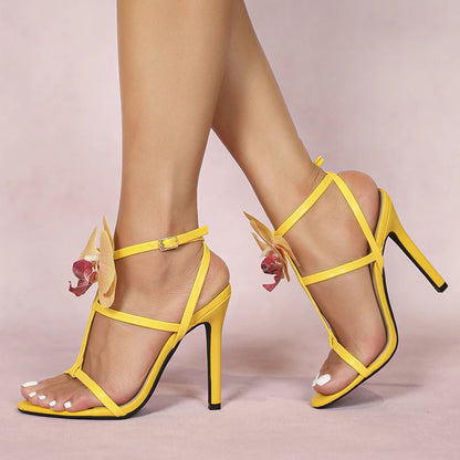 SummerFashion Flowers Ankle-Strap Gladiator Sandals Cozy Open-Toe Yellow High-Heels Party Dress High Heel