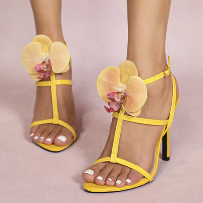 SummerFashion Flowers Ankle-Strap Gladiator Sandals Cozy Open-Toe Yellow High-Heels Party Dress High Heel