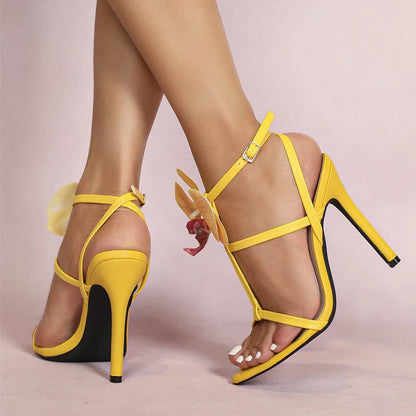 SummerFashion Flowers Ankle-Strap Gladiator Sandals Cozy Open-Toe Yellow High-Heels Party Dress High Heel