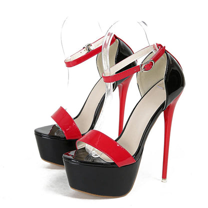 Summer Open Toe Stiletto Platform Sandals - Red Ankle Strap High Heels - Size 46