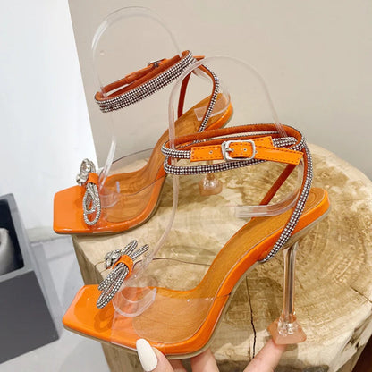 Summer Party Wedding Sandals Ladies 2024 Crystal Rhinestone Bowknot High Heels Transparent Shoes Women Pumps