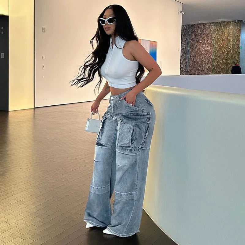 Loose Streetwear Summer Outfits 2024 Blue High Waist Casual Fashion Y2K Straight Cargo Denim Jean