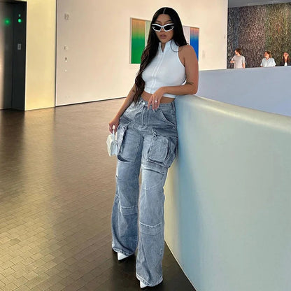 Loose Streetwear Summer Outfits 2024 Blue High Waist Casual Fashion Y2K Straight Cargo Denim Jean