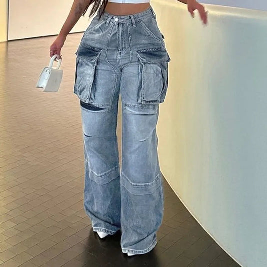 Loose Streetwear Summer Outfits 2024 Blue High Waist Casual Fashion Y2K Straight Cargo Denim Jean