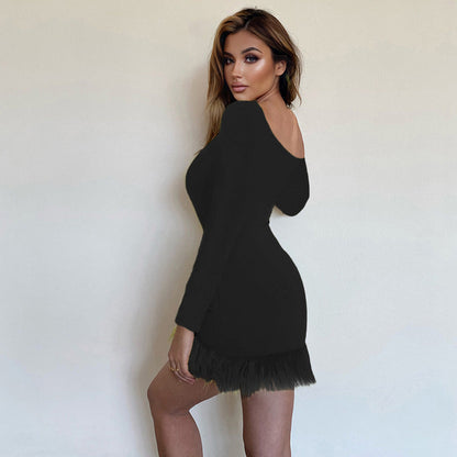 Kathy Oblique Shoulder Feather Mini Dress