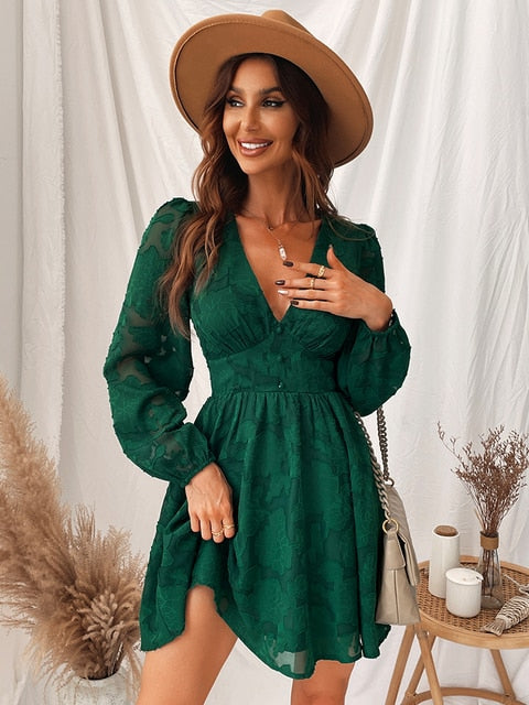 Woman Green Sexy Long Sleeve Party Dress