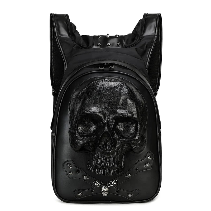 3D Embossed Skull Punk Rock Gothic Leather Rivets Laptop Travel Backpack Bag