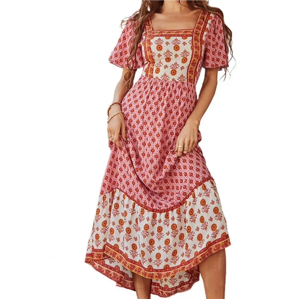 Bohemian Floral Print Ruffle Short Sleeve Women Boho Dress