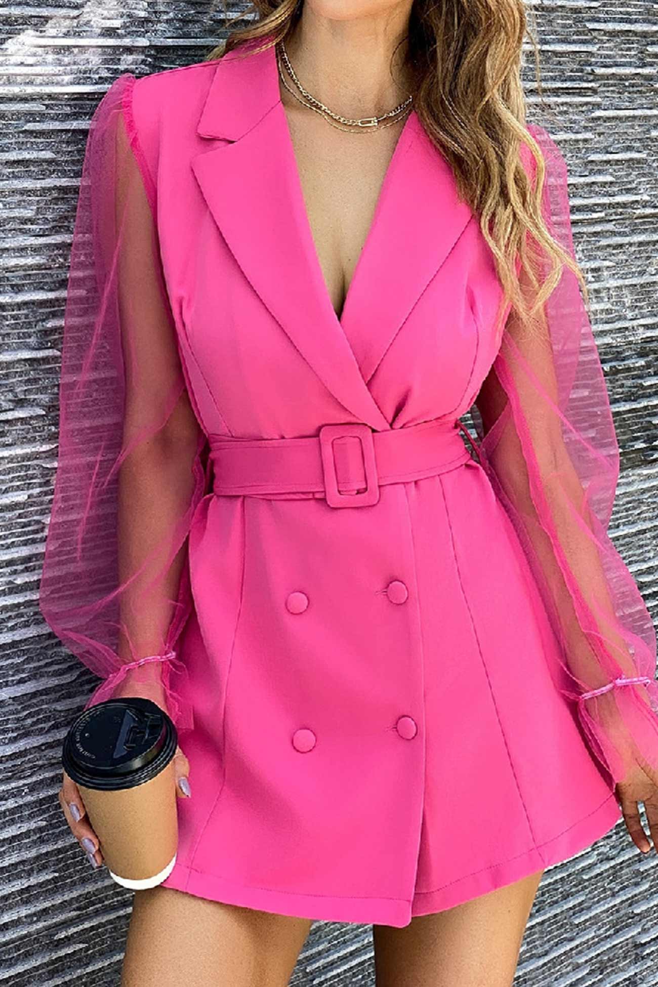 Mesh Sleeves Blazer Dress with Double-breasted Belt