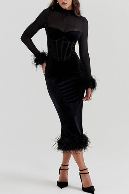 Velvet Patchwork Fuzzy Hem Slit Dress