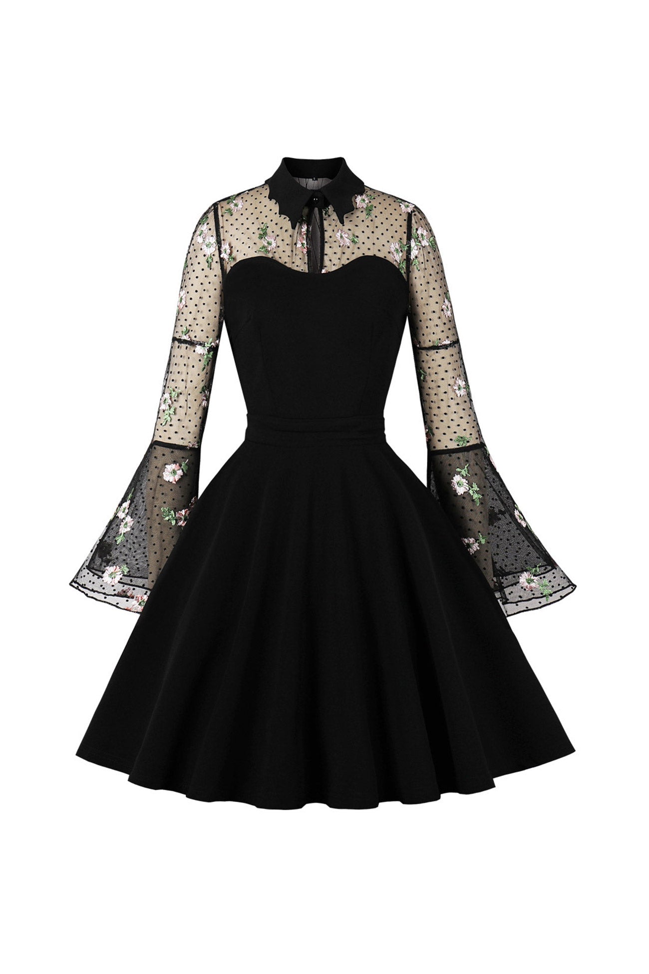 Vintage Dress with Mesh Embroidery and Flare Sleeves