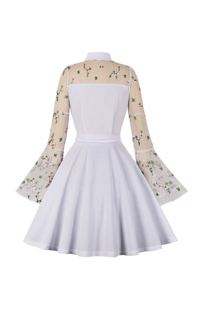 Vintage Dress with Mesh Embroidery and Flare Sleeves