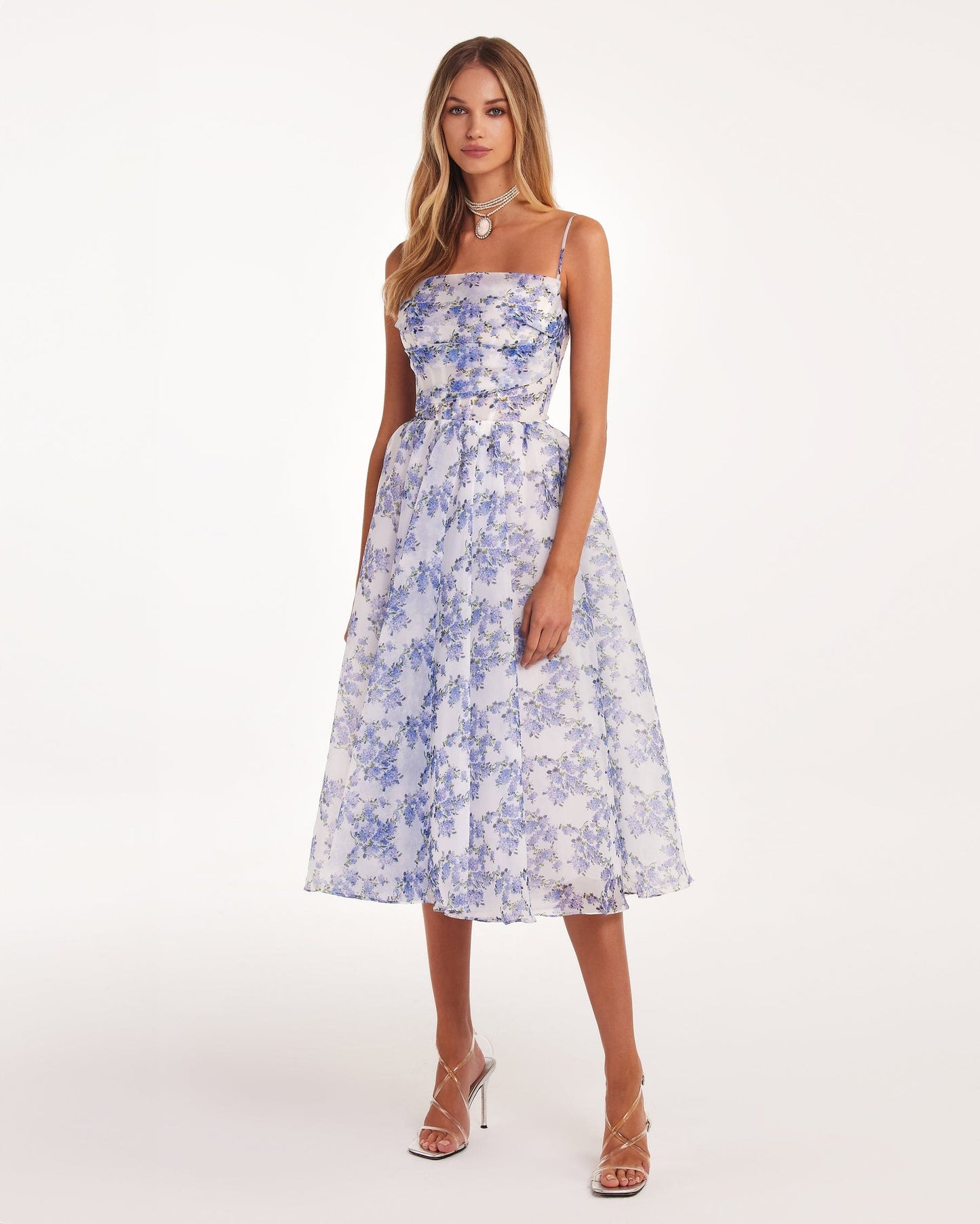 Blue Hydrangea Spaghetti Charming Strap Midi Dress