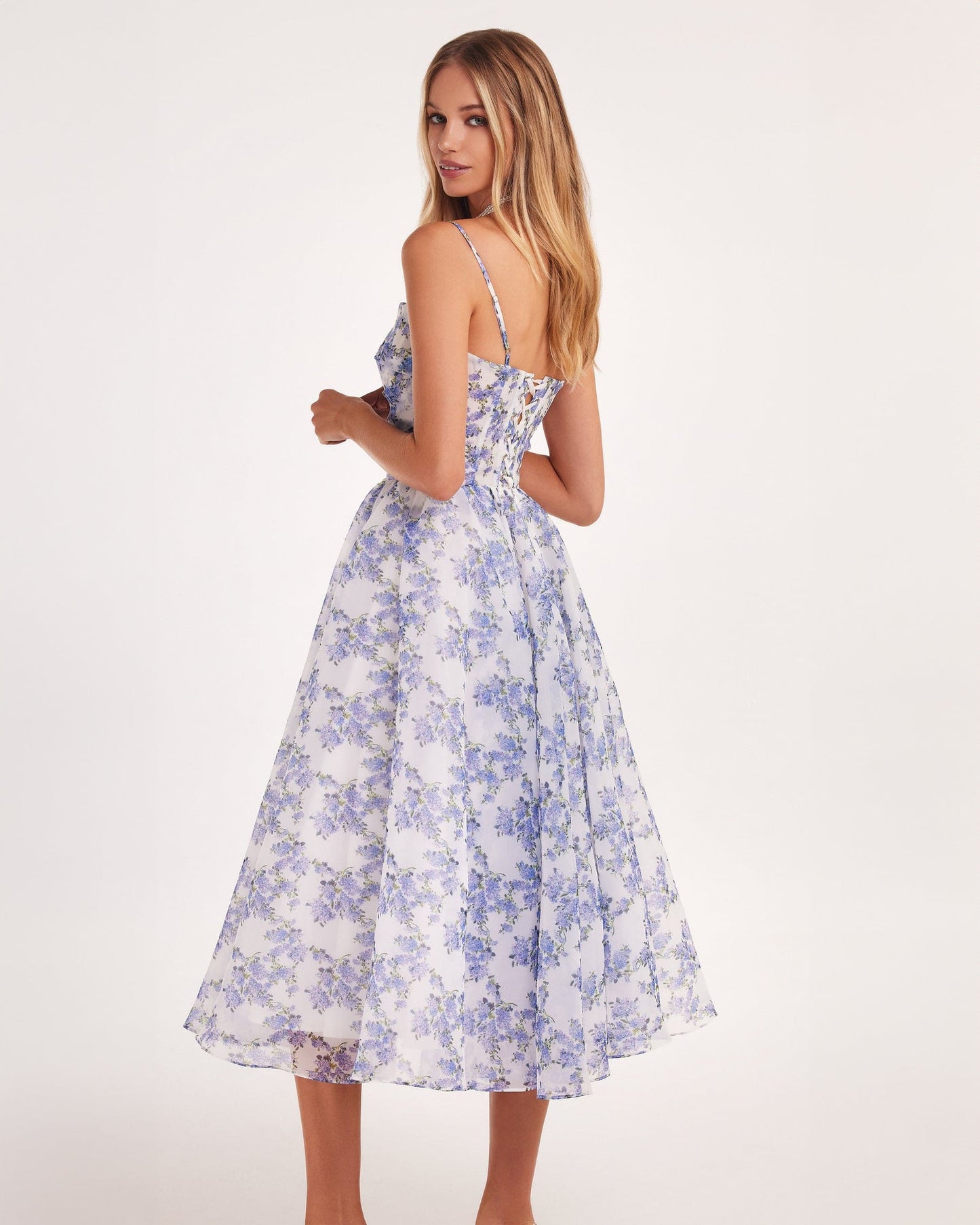 Blue Hydrangea Spaghetti Charming Strap Midi Dress