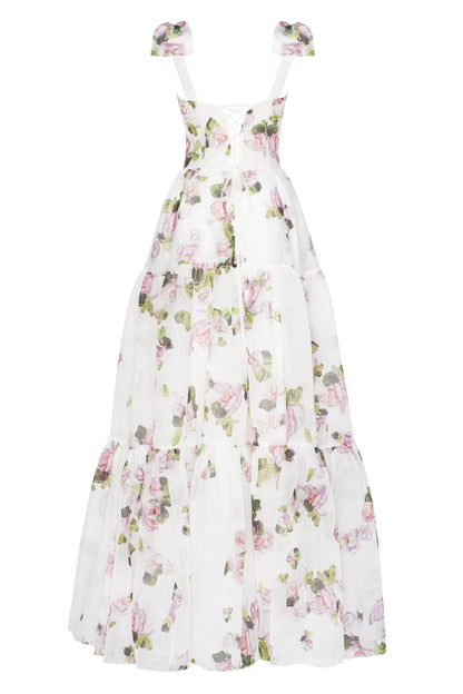 Apple Blossom Tender Charming Floral Maxi Tie-Strap Dress