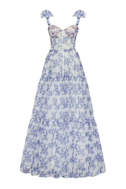 Blue Hydrangea Tender Charming Tie-Strap Maxi Dress