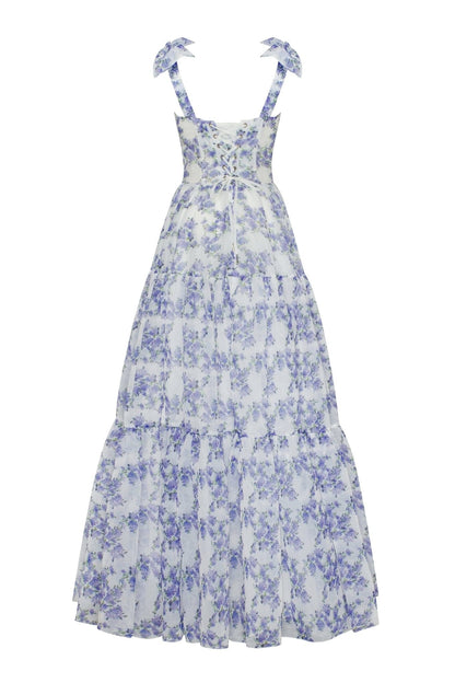 Blue Hydrangea Tender Charming Tie-Strap Maxi Dress