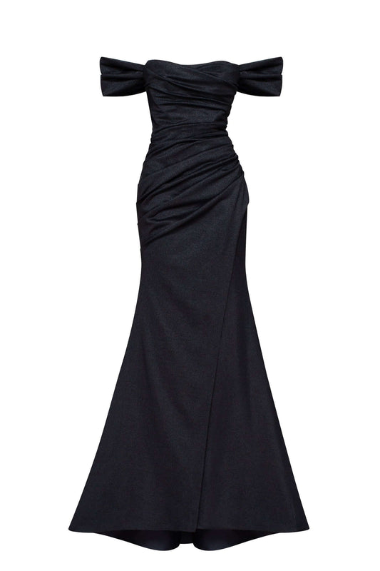 Black Epic Off-The-Shoulder Charming Thigh Slit Maxi Dress