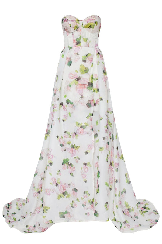 Apple Blossom Strapless Maxi Graceful Dress With Front Slit