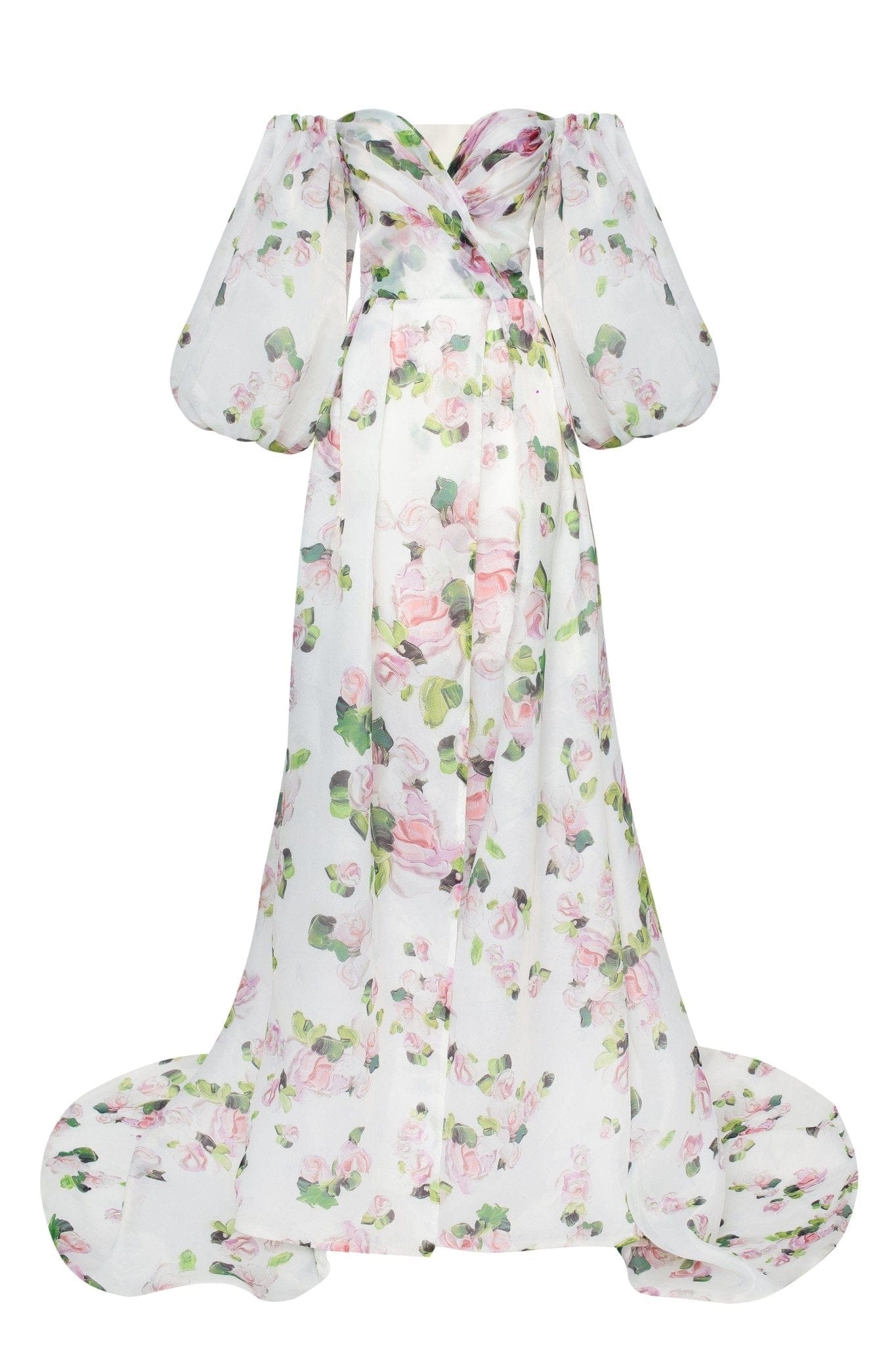 Apple Blossom Elegant Floral Graceful Puff Sleeve Maxi Dress