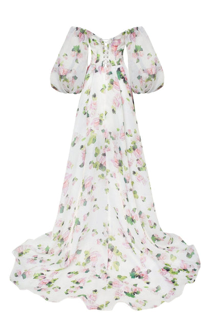 Apple Blossom Elegant Floral Graceful Puff Sleeve Maxi Dress