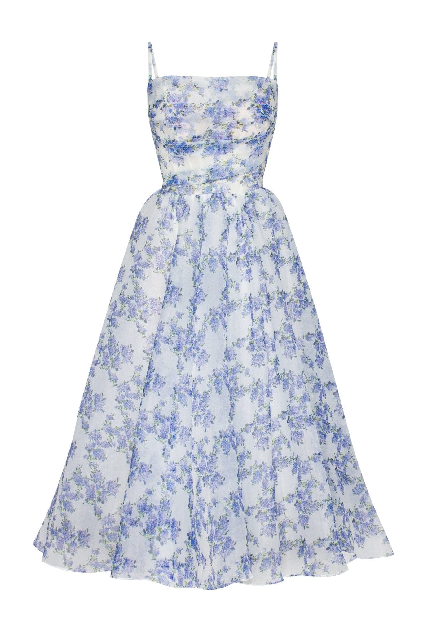 Blue Hydrangea Spaghetti Charming Strap Midi Dress